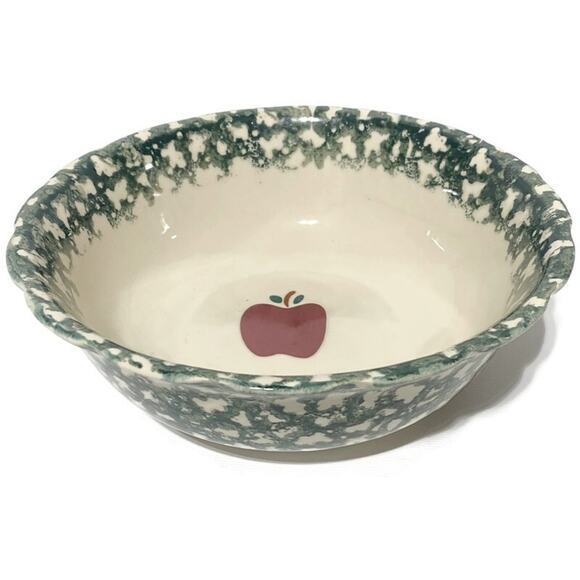 Stoneware Country Apple Serving Bowl Red Apple Design Green Spongeware 9x3.25 - Picture 1 of 5